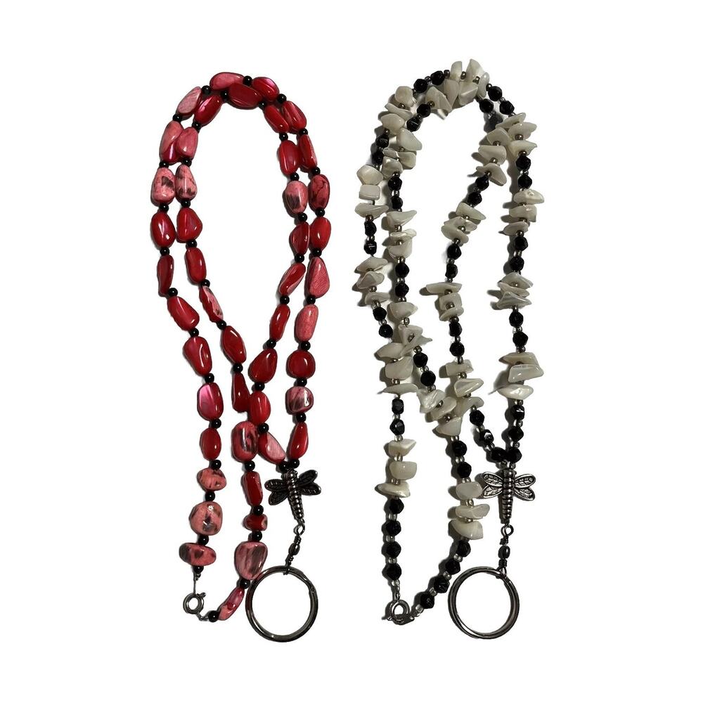 Two Handmade Beaded Lanyards ID Badge Holders Dragonfly Red and B&W